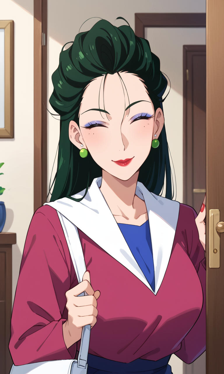 (1girl:1.5), (solo:1.3), (score_9, score_8_up, score_7_up, score_6_up, score_5_up, score_4_up), (source_anime), rating_questionable, (urima-kuriyo), (black eyes, eyelashes, eyeshadow, dark green hair, long hair, hair slicked back, earrings, red lips, lipstick, makeup, red nail polish), (purple dress, collared dress, white collar, blue inner t-shirt, long sleeves), (large breasts), <lora:urima-kuriyo_v1:0.8> 
white shoulder bag, 
indoors, 
(looking at viewer, smile:1.3),closed eyes, happy,  
(portrait:1.5)
doorway, Residential Entrance,