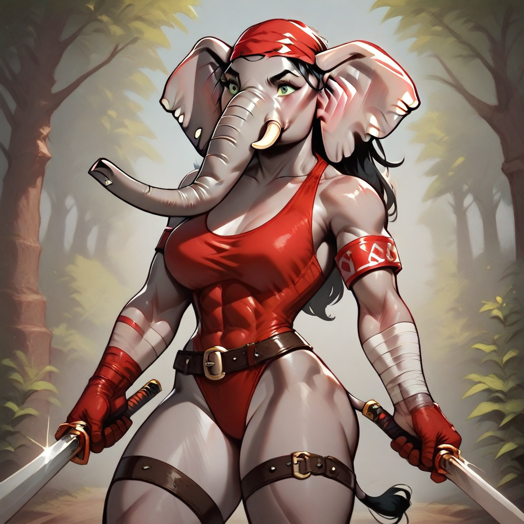 solo, 1girl, angry, female elephant, anthro elephant, trunk nose, elephant trunk, elephant tail, black hair, long hair, green eyes, bandaged arm, red bandana, red gloves, red armband, belt, thigh strap, red leotard, dual wielding, holding sword, holding sai (weapon), muscular female, large breasts, fighting pose, forest