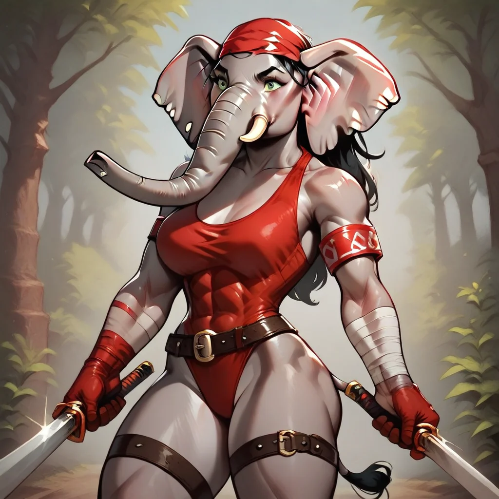 solo, 1girl, angry, female elephant, anthro elephant, trunk nose, elephant trunk, elephant tail, black hair, long hair, green eyes, bandaged arm, red bandana, red gloves, red armband, belt, thigh strap, red leotard, dual wielding, holding sword, holding sai (weapon), muscular female, large breasts, fighting pose, forest
