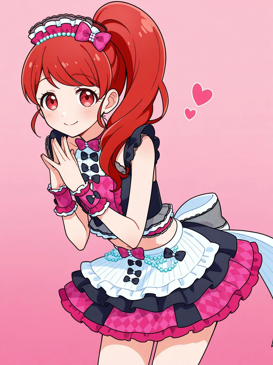 general,best quality,perfect hands,gradient background,(cowboy shot:1.3), BREAK
1girl,solo,smile,aira harune \(pretty rhythm\), red hair, long hair, side ponytail, hairbow, red eyes,bare arms, bare shoulders,<lora:Aira_Harune_Pretty_Rhythm:0.8>,
smm_ws <lora:summer_maid_coord:1> summer maid coord