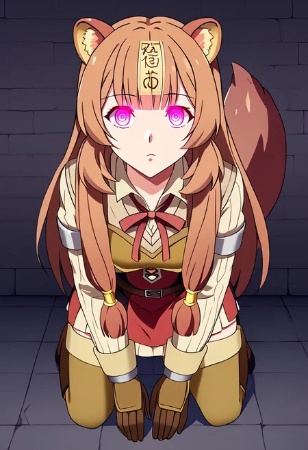 Raphtalia hypnotized by ofuda,
score_9, source anime, lewd, 1girl, smooth,
mind control, hypnotized, japanese ofuda, hanging ofuda, (glowing ofuda), ((ofuda on head)), glowing eyes, empty eyes, blank stare,
prison cell, kneeling,
raphtaliadef, animal ears, armor, short dress, neck ribbon, red ribbon, long sleeves, brown gloves, thighhighs, thigh boots, brown belt, raccoon tail