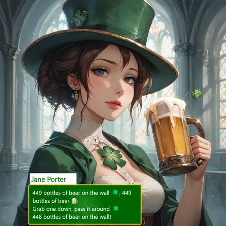 score_9, score_8_up, score_8, medium breasts, (ultra realistic,32k, masterpiece:1.2), (high detailed skin:1.1), (high quality:1.1),  
(upper body, portrait:1),  
ShamrockWorld, clover, four-leaf clover, light particles, solo,  
corset, long sleeves, collared dress, solo, flushed cheeks, unfocused gaze, mouth slightly open, mid-laugh, head tilting, mug raised too high, some beer spilling, disheveled hair, (top hat), holding, belt, cup, no humans, holding cup, alcohol, mug, green headwear, hat feather, beer, beer mug, clover, four-leaf clover, green cape, green capelet,  
volumetric lighting, mood lighting, low lights, soft light, hazy, intricate details, rating_explicit, (ultra realistic, 32k, masterpiece:1.2), (high detailed skin:1.1), (high quality:1.1), bokeh, luminescent background, zPDXL, ral-cltc, Expressiveh, Jane Porter, Brown hair, Blue eyes, Fair skin, Victorian-era attire, Elegant dresses, Practical shoes, Simple jewelry, Neat hairstyle, Delicate features, Modest appearance, JanePorterXLP