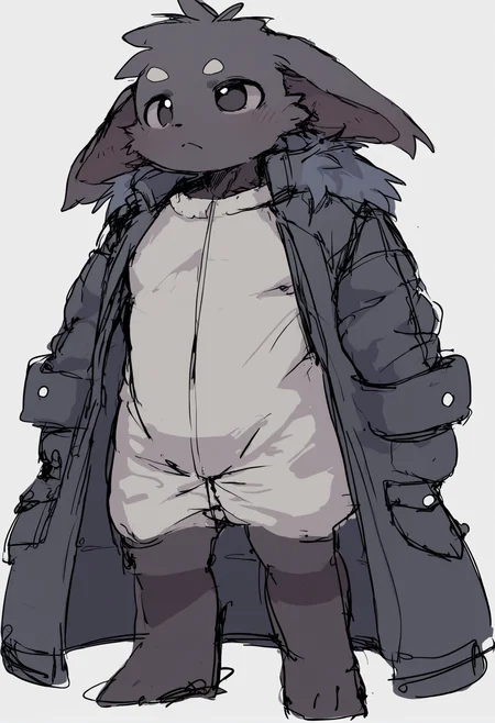 masterpiece, hyper detailed, best quality,(furry:1.3),1boy, solo, male focus, white background, simple background, standing, sketch, jacket, full body ,<lora:DAGASIXLlokr8f-000188:0.95>