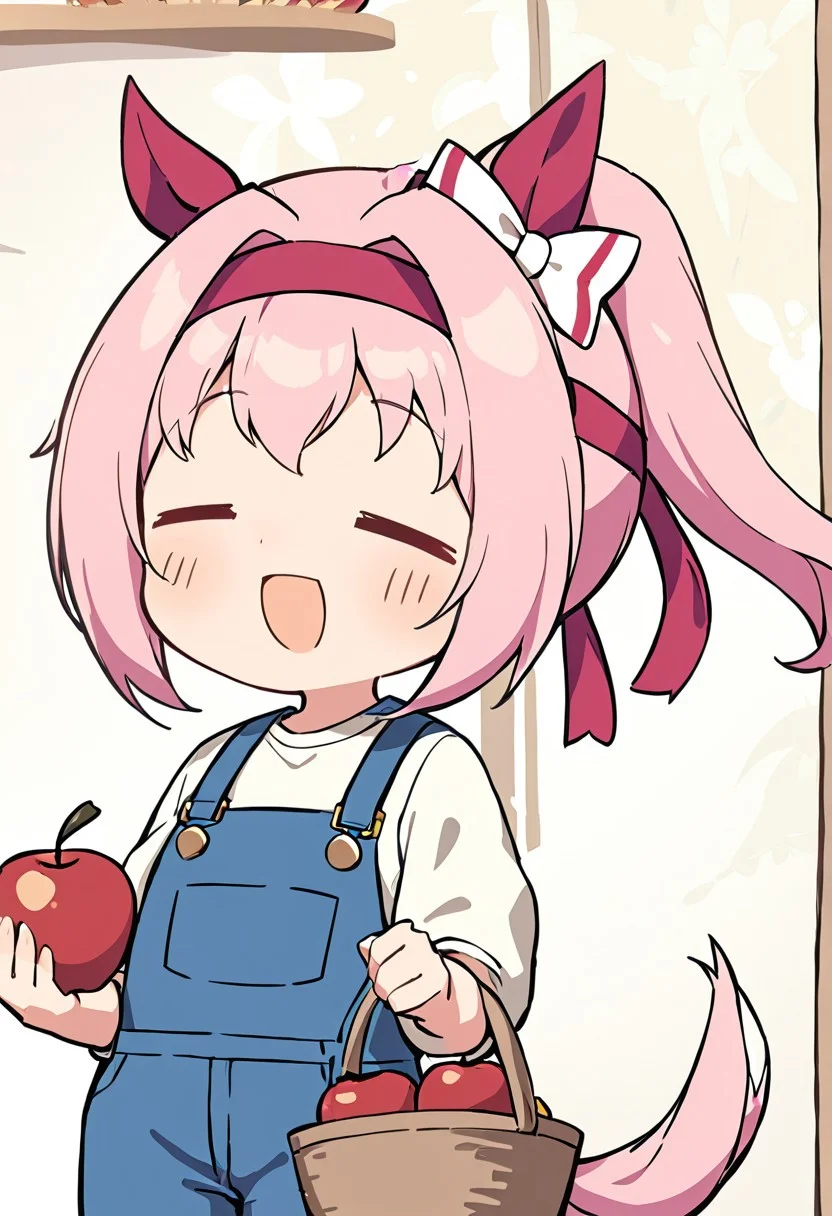 masterpiece, best quality, anime, kawaii, 1girl, haru urara \(umamusume\),horse tail, upper body, chibi, super deformed, =_=, holding basket ,apples, blue overalls, faming, farm <lora:Fixhands_anime_bdsqlsz_V1:1> <lora:UmaDiffusionXL_UAF:0.8>, happy,