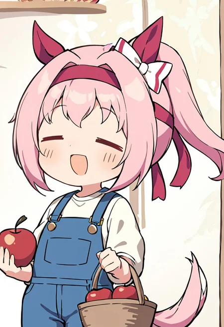 masterpiece, best quality, anime, kawaii, 1girl, haru urara \(umamusume\),horse tail, upper body, chibi, super deformed, =_=, holding basket ,apples, blue overalls, faming, farm <lora:Fixhands_anime_bdsqlsz_V1:1> <lora:UmaDiffusionXL_UAF:0.8>, happy,