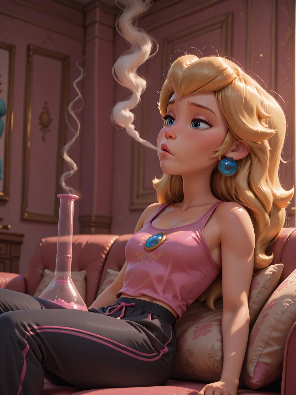 <lora:Princess_Peach_Shiny_Style_V3.0_Illustrious:0.5>, <lora:DisneyStudios_style:0.5>, <lora:princess_rc_il:0.5>, disneystudioxl, 1girl, Princess_Peach, solo, pink tank top, black sweatpants, sitting on couch, indoors, smoking bong, blowing smoke, dishevelled, tired, messy hair, frumpy, moody lighting, dynamic angle, highly_detailed, skindentation, highres