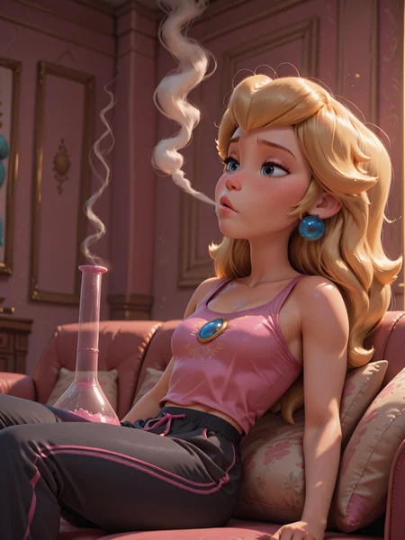 <lora:Princess_Peach_Shiny_Style_V3.0_Illustrious:0.5>, <lora:DisneyStudios_style:0.5>, <lora:princess_rc_il:0.5>, disneystudioxl, 1girl, Princess_Peach, solo, pink tank top, black sweatpants, sitting on couch, indoors, smoking bong, blowing smoke, dishevelled, tired, messy hair, frumpy, moody lighting, dynamic angle, highly_detailed, skindentation, highres
