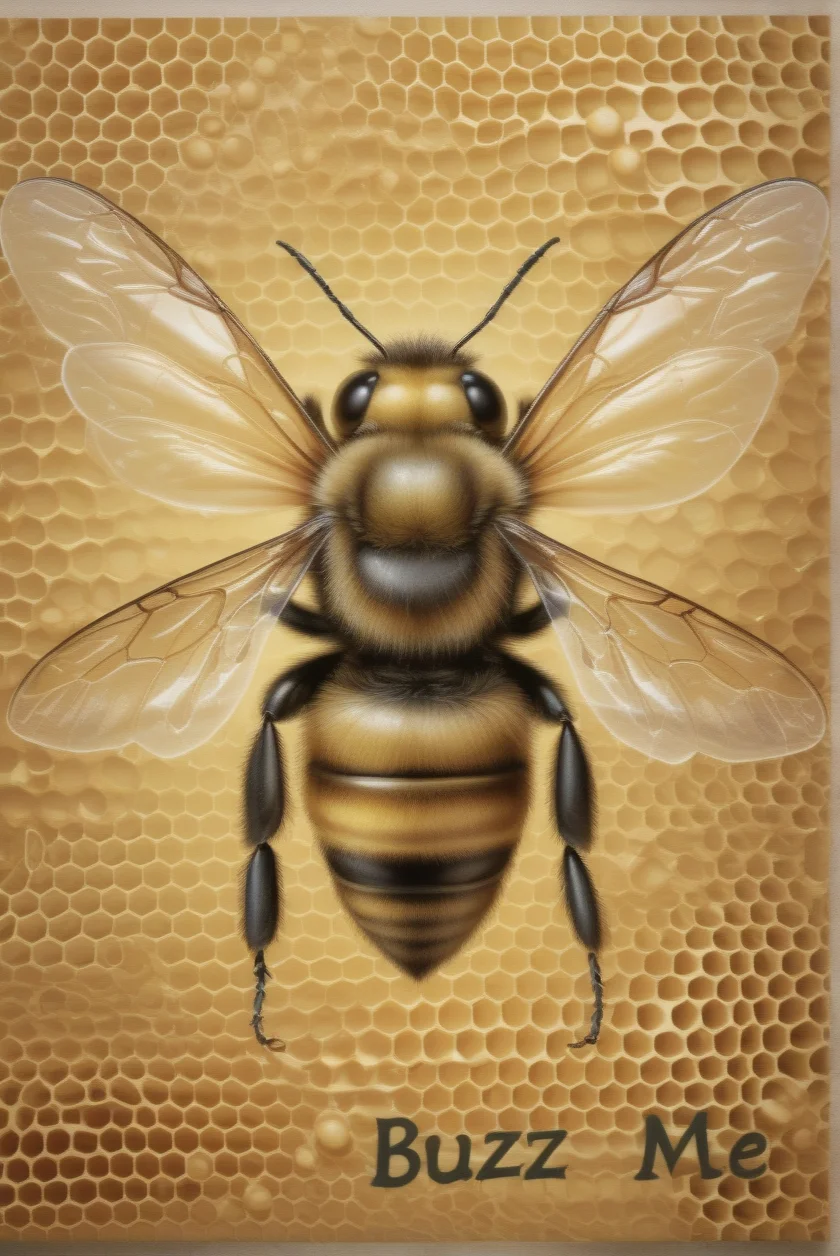 realistic bee, a honey comb background Text: Buzz me