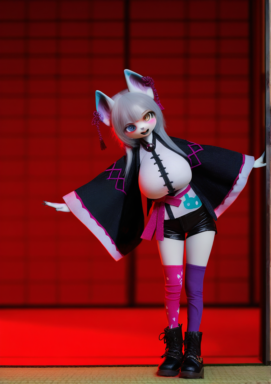 <lora:DOLL_ZONE_furry:1>,1girl, huge breasts, cat girl, cat ears, ya cat ears, Ya Cat, bangs, grey hair, furry female, white skin, heterochromia,Ya Cat clothing, boots, black footwear, wide sleeves, thighhighs, shorts, asymmetrical legwear, happy, leaning to the side, looking at viewer, open mouth, smile, solo,ryokan,shoji,sliding doors,tatami, very awa, masterpiece, best quality, newest, highres, absurdes,amazing quality