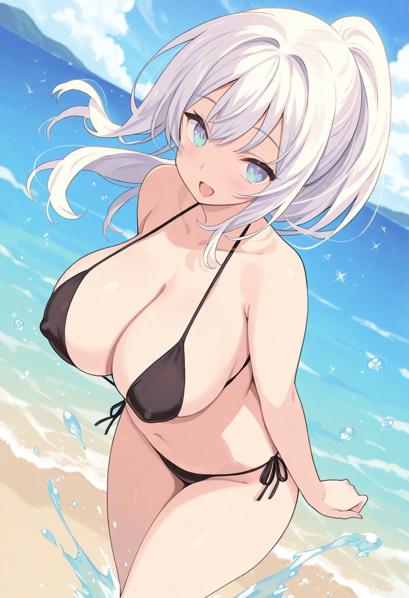1girl, solo, female, large breasts, round face, huge breasts, plump body, white hair, long hair, ponytail, blue eyes, smile, open mouth, BREAK erect nipples trough clothes, string bikini, black bikini, groin, tight bikini, navel, BREAK beach, outdoors, colorful, splashing water to viewer, on water, artistic shot, angle view, BREAK ((ultra-detailed)), ((best quality)), ((beautiful eyes)), ((extremely detailed)), 4K, (8K), best quality, (beautiful), Master piece, highres, best quality, official art, highres, masterpiece, detailed background, high quality background,