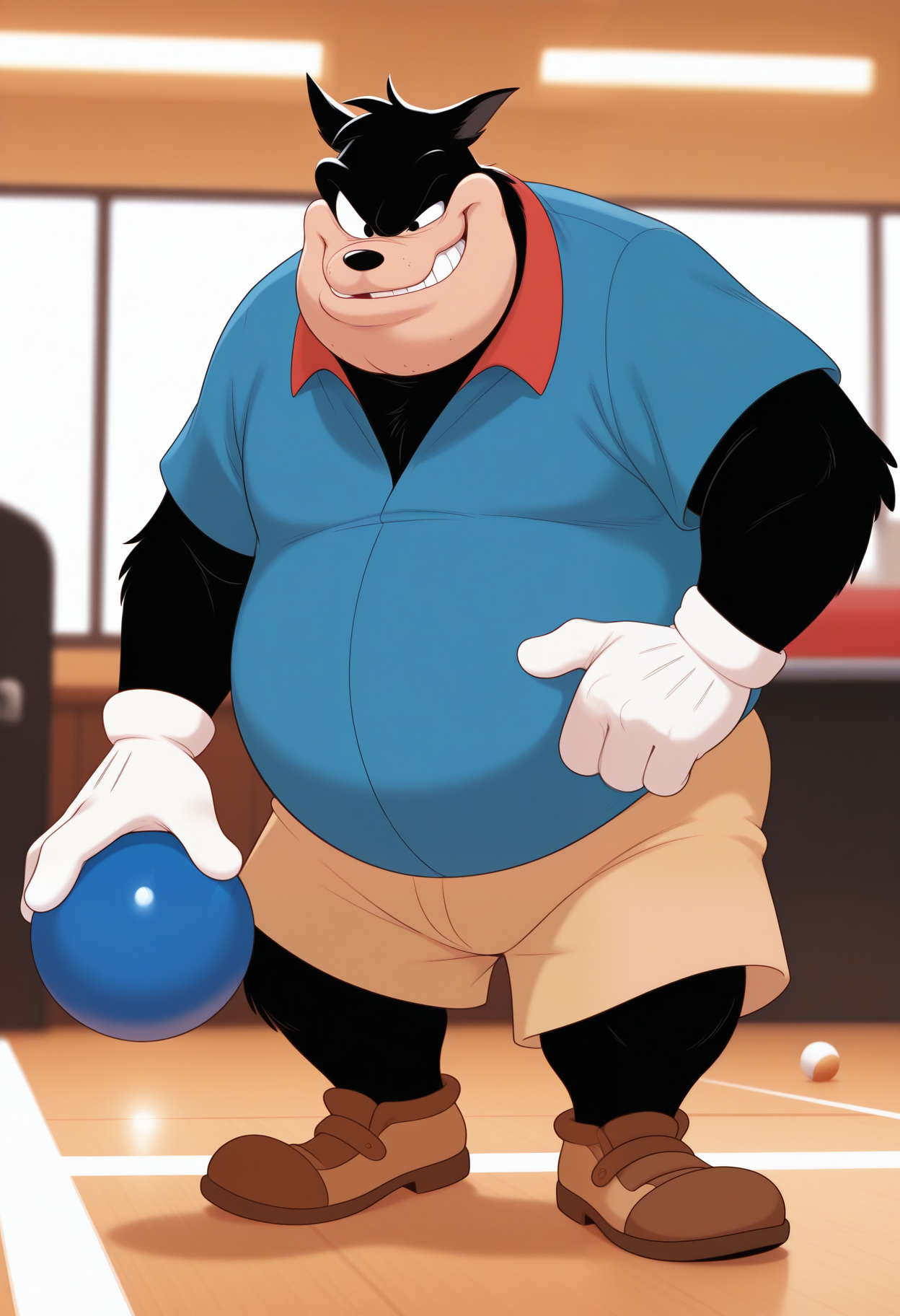 masterpiece,best quality,amazing quality, 1boy, solo, solo, p3t3, blue collared shirt, furry male, white gloves, brown shorts, brown shoes, holding bowling ball, smirk,