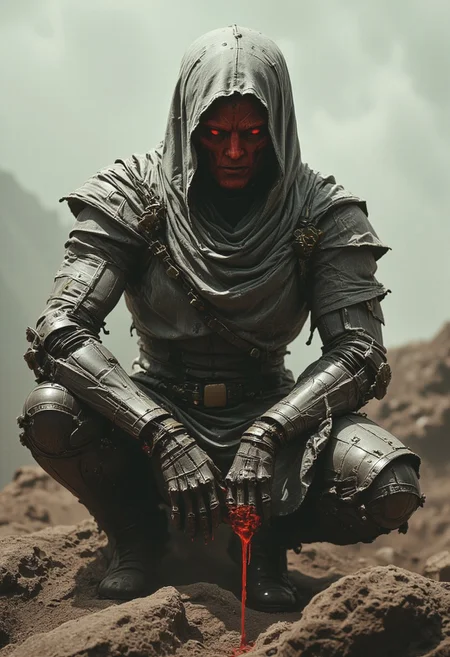 Image is a high-resolution, stylized photograph featuring a humanoid robot with a weathered, metallic body and intricate mechanical details. The robot is seated on rocky terrain, with a light gray, tattered cloak draped over its head and shoulders, partially obscuring its face. The robot's face is partially visible, showing a red, mask-like design with a solemn expression. The robot's hands are holding a small, red object, adding a striking contrast to the muted, earthy tones of the surroundings. The overall scene conveys a sense of desolation and contemplation, with the robot appearing almost human-like in its posture and demeanor.