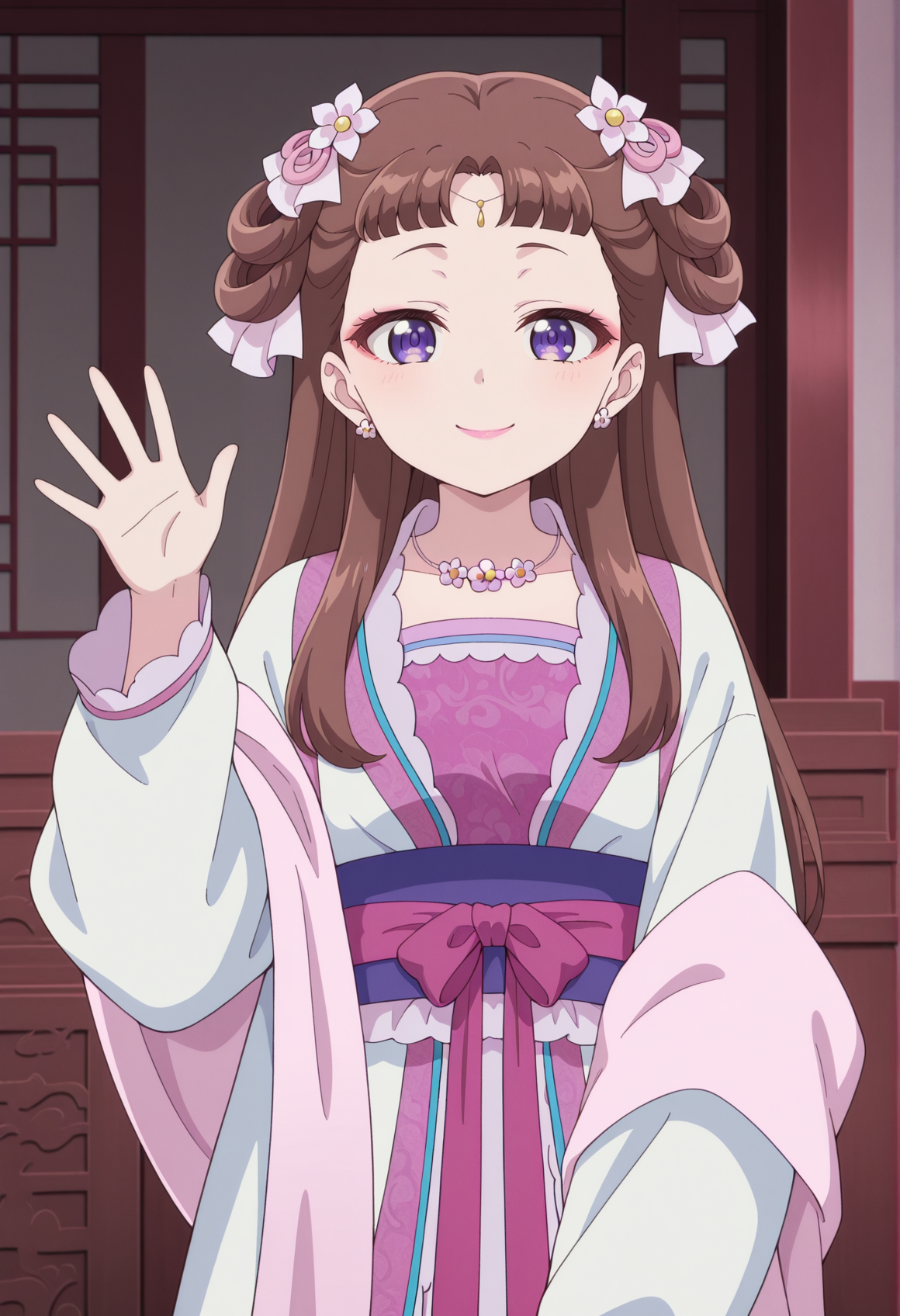 1girl, brown hair, purple eyes, long hair, hair rings, hair ornament, hair flower, jewelry, forehead jewel, necklace, chinese clothes, stole, makeup, eyeliner, lipstick, waving, looking at viewer, smile   <lora:lishu_kusuriya_v2:1>, masterpiece, best quality, amazing quality, very aesthetic, absurdres, highres, newest