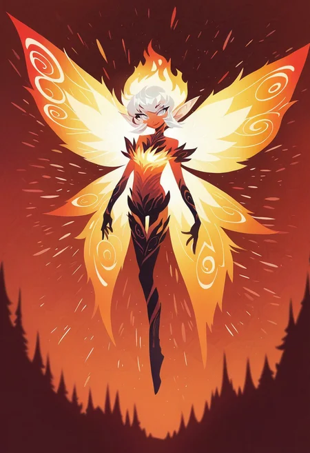 score_9, score_8_up, score_7_up, TKMND, Anime Style, Full Body Shot, neon, red theme, orange theme, fire fairy, cute, seductive, light smile:0.3, plump lips, slender body, french bob copper hair, silver eyes, intricate, big detailed flaming wings, symmetrical wings, chromatic aberration, colorful, bright colors, moonlight passing through hair, enchanted forest background, detailed background,depth of field, dynamic angle, fashion photography, sharp, hyperdetailed:1.15