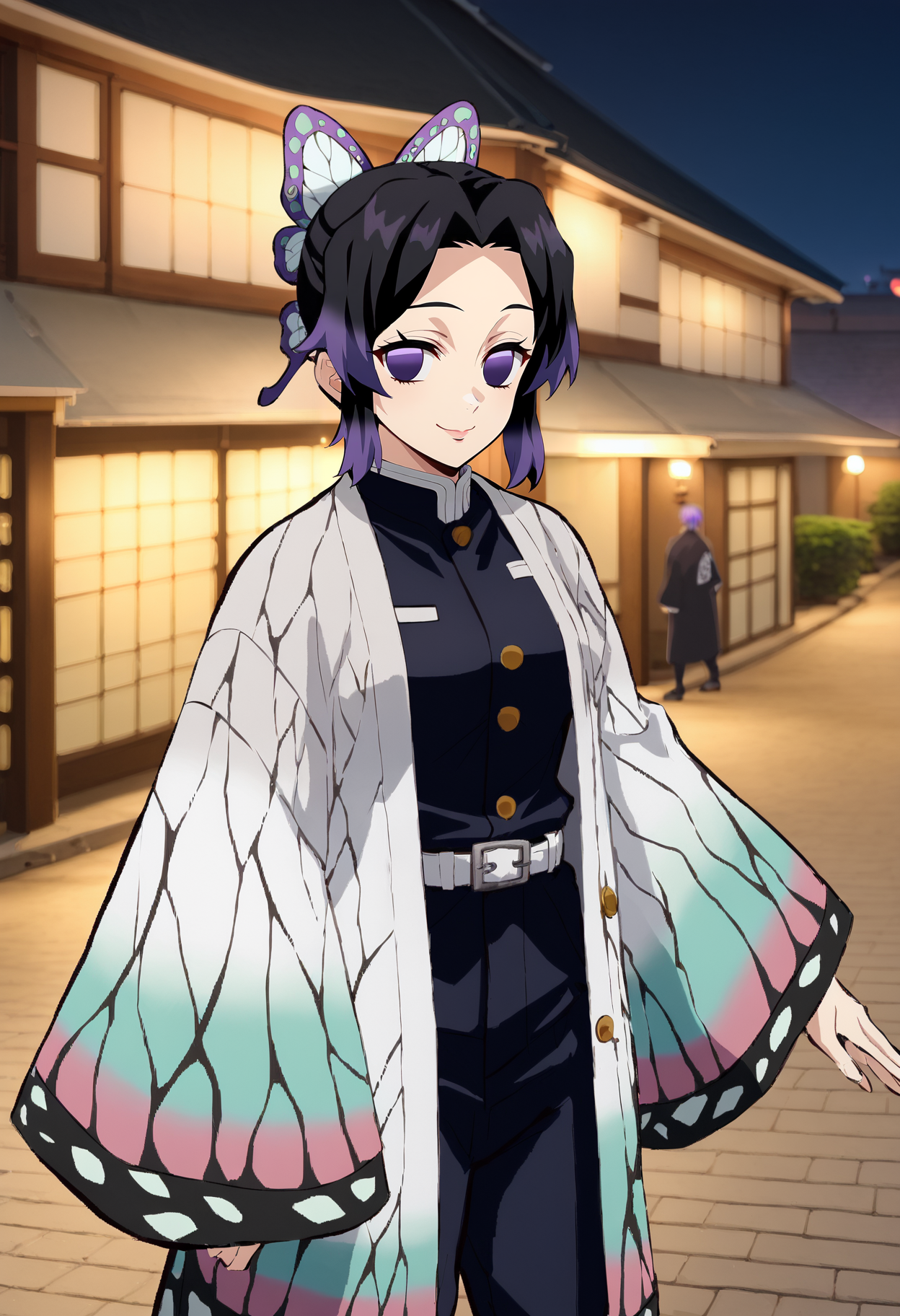 score_9,
<lora:KimetsuNoYaiba_KochouShinobuXL:0.8>, KochouShinobu,
1girl, solo, closed mouth, smile,
multicolored hair, black  hair, purple hair, empty eyes, purple eyes,  forehead, butterfly hair ornament, lips,
haori, butterfly print, black jacket, wide sleeves, buttons, white belt, puffy pants, black pants, 
standing, looking at viewer, 
outdoors, blurry background, photo background, night, building, wood