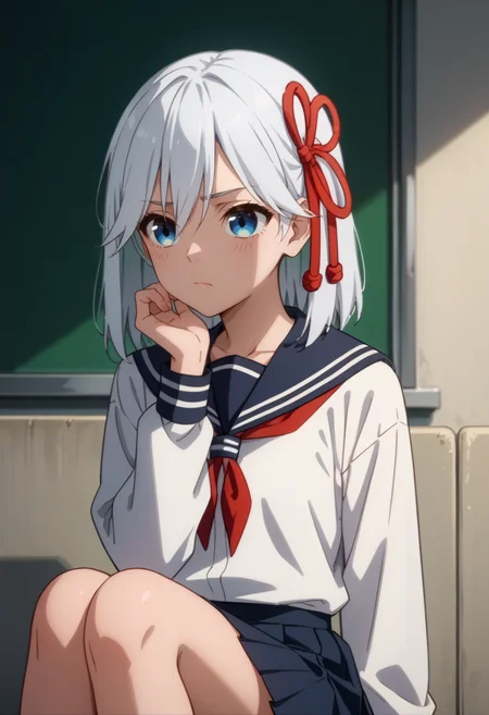 score_9, score_8_up,
1girl,  <lora:AmagamiAsahi_Amagamisan_PDXL:0.9>, amagamiasahi, blue eyes, white hair, red ribbon, hair ribbon, medium hair,
school uniform, sitting, bored