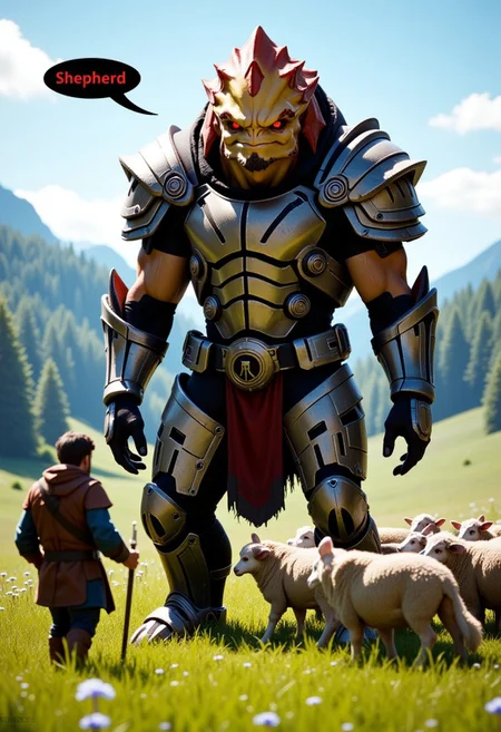 Create a photorealistic image featuring a Krogan from Mass Effect, fully armored in traditional Krogan armor with a rugged, battle-worn look. The Krogan has glowing red eyes and stands in a lush, green pasture next to a human shepherd who is herding a flock of sheep. The Krogan should be towering and imposing, yet slightly out of place in this peaceful rural setting. Include a text bubble coming from the Krogan that says 'Shepherd,' as a playful nod to the Mass Effect character Shepard. Ensure the scene is rendered in high detail, with a realistic portrayal of both the Krogan and the pastoral landscape."