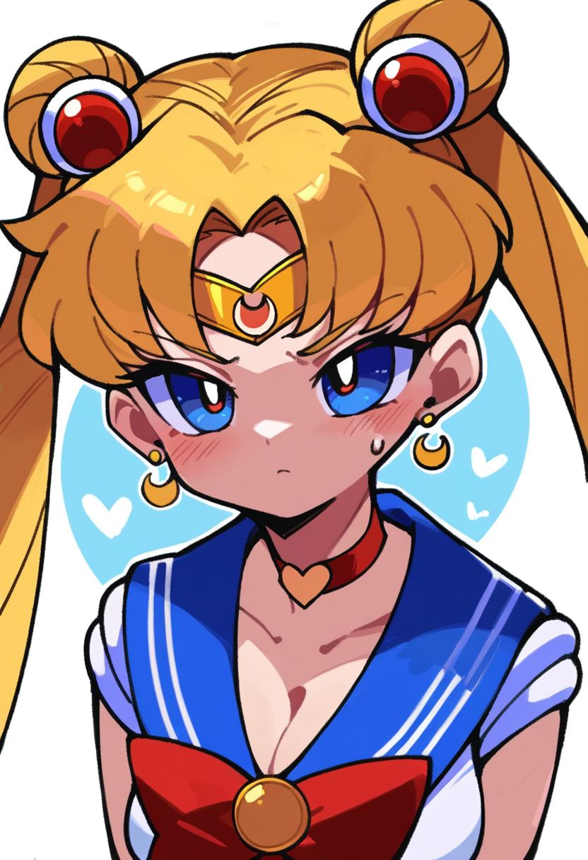 score_9, score_8_up, score_7_up, source_anime, sailor moon redraw challenge (meme), 1girl, sailor senshi uniform, tsukino usagi, twintails, blue sailor collar, red choker, upper body, hair over shoulder, jewelry, crescent earrings, heart choker, circlet, cleavage, parted bangs, sweatdrop, hair bun, breasts, diadem, collarbone, hair ornament, red bow