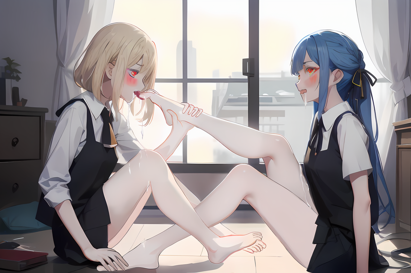 <lora:ç»è-zç»èmore_details:0.1>,<lora:ç»è-zæ·»å ç¼çç»è:0.1>,bare legs,bare foot,2GIRLS,(yuri:1),PIXIV,looking_at_another,facing another,
masterpiece,best quality,absurdres,
skinny face,miniskirt,
ADDCOMM,
wariza,upright sitting on bed,holding another's foot,sucking toes,licking foot,raise arms,
misumi uika,elder sister,purple eyes,<lora:char-mygoä¸è§åè¯ Misumi Uika (Bang dream! Ave Mujica):0.7:lbw=1,0,0,0,0,0,0,0,1,1,0,0,0,0,0,0,0>,bright blonde hair,shoulder length hair,short hair,
white shirt,short sleeves,brown_skirt,white ascot,
ADDCOL,
on back,leg up,
<lora:char-mujicaç¥¥å­:0.7:lbw=1,0,0,0,0,1,1,0,1,1,1,0,0,0,0,0,0>,blue hair,blonde_eyes,bare legs,
togawa sakikobraid,black neck ribbon,white collared shirt,buttons,frilled shirt,miniskirt,Shawl hair,flat chest,
ADDROW,
ADDCOL,