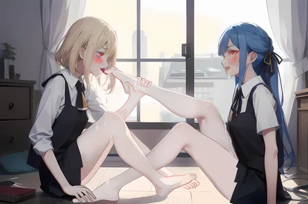 <lora:ç»è-zç»èmore_details:0.1>,<lora:ç»è-zæ·»å ç¼çç»è:0.1>,bare legs,bare foot,2GIRLS,(yuri:1),PIXIV,looking_at_another,facing another,
masterpiece,best quality,absurdres,
skinny face,miniskirt,
ADDCOMM,
wariza,upright sitting on bed,holding another's foot,sucking toes,licking foot,raise arms,
misumi uika,elder sister,purple eyes,<lora:char-mygoä¸è§åè¯ Misumi Uika (Bang dream! Ave Mujica):0.7:lbw=1,0,0,0,0,0,0,0,1,1,0,0,0,0,0,0,0>,bright blonde hair,shoulder length hair,short hair,
white shirt,short sleeves,brown_skirt,white ascot,
ADDCOL,
on back,leg up,
<lora:char-mujica祥å:0.7:lbw=1,0,0,0,0,1,1,0,1,1,1,0,0,0,0,0,0>,blue hair,blonde_eyes,bare legs,
togawa sakikobraid,black neck ribbon,white collared shirt,buttons,frilled shirt,miniskirt,Shawl hair,flat chest,
ADDROW,
ADDCOL,