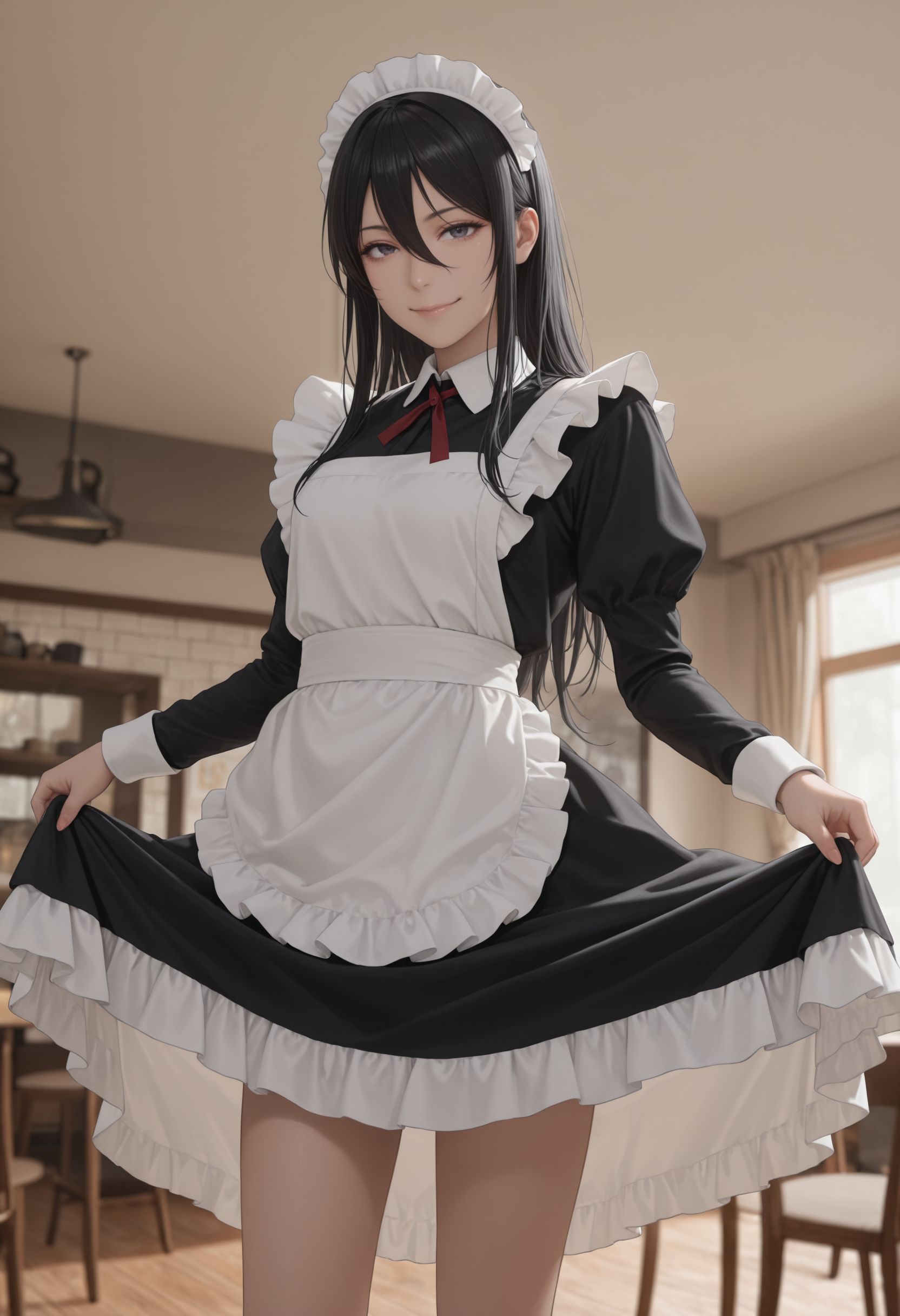 masterpiece, best quality, newest, (realistic:0.5), solo, looking at viewer,
 <lora:Seike Taroumarui Illu :1> 1girl, black hair, long hair, hair between eyes,  
 indoors,cafe,(maid:1.4),maid headdress,apron,(skirt hold:1.2),standing,cowboy shot,smile,