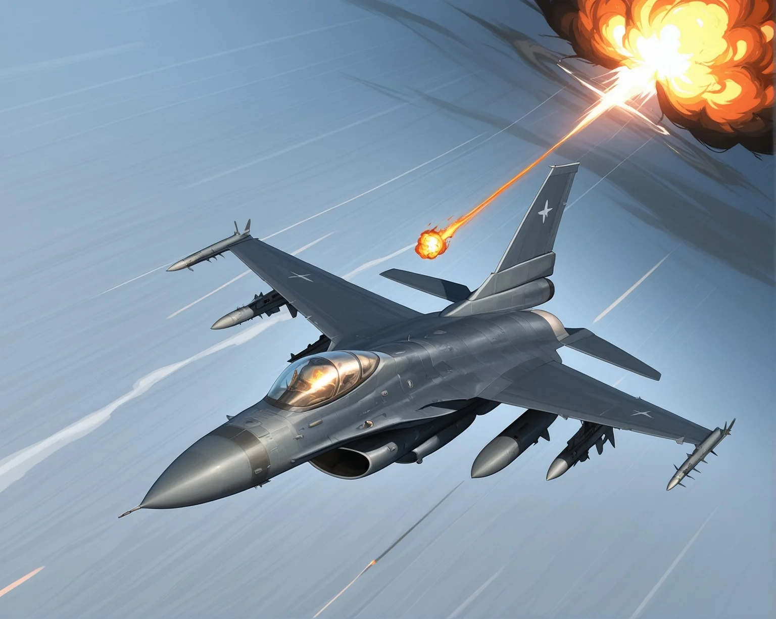 <lora:F-16_Illustrious:1>,f-16, avoiding missile, close explosion, fireball, damaged wing, fast roll, high tension, intense scene, smoke and fire, survival flight, cinematic view, masterpiece, best quality, amazing quality