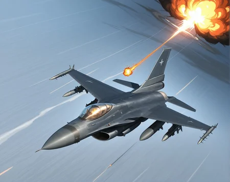 <lora:F-16_Illustrious:1>,f-16, avoiding missile, close explosion, fireball, damaged wing, fast roll, high tension, intense scene, smoke and fire, survival flight, cinematic view, masterpiece, best quality, amazing quality