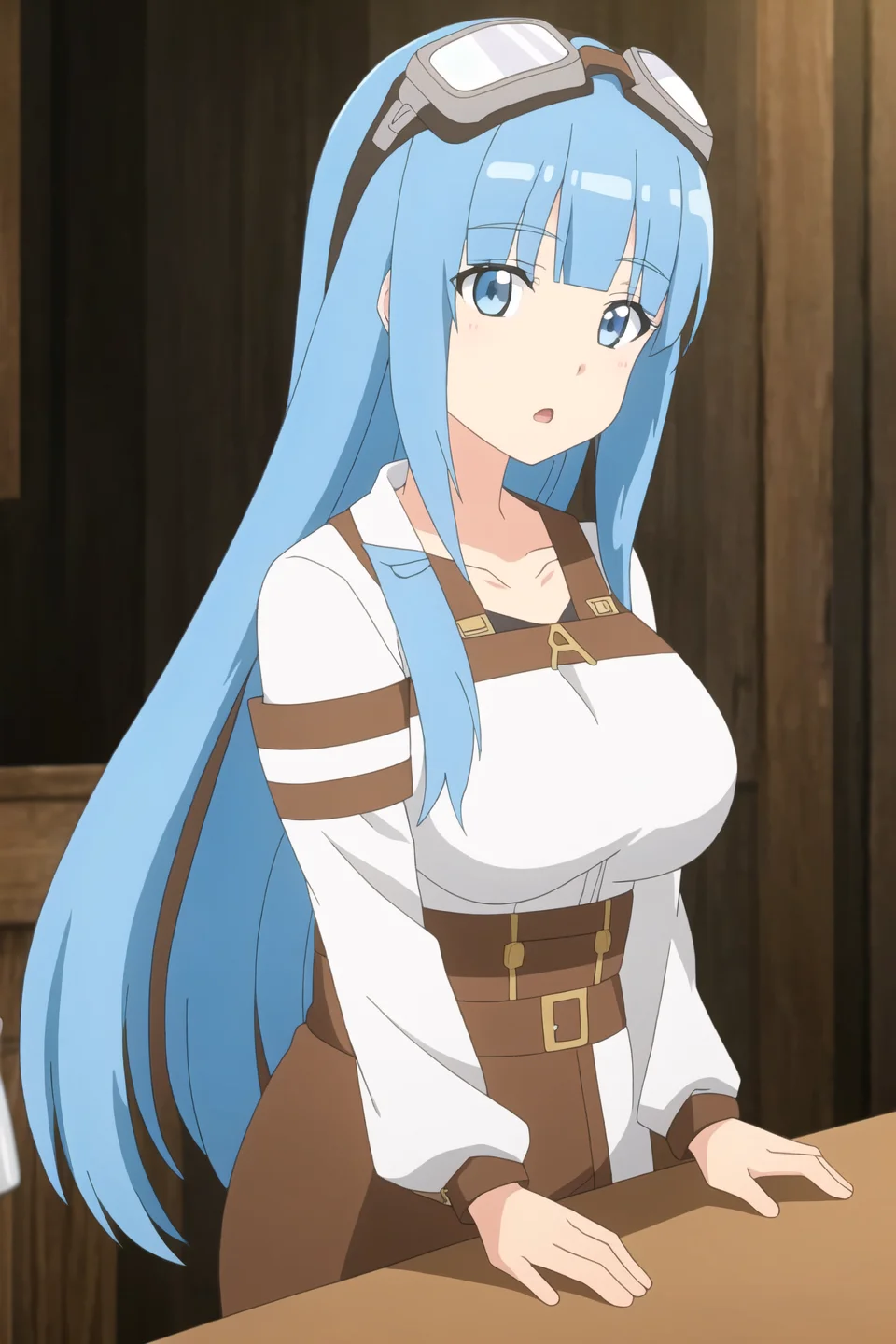 iz, anime art style, 1girl, solo, long_hair, breasts, looking_at_viewer, open_mouth, bangs, blue_eyes, long_sleeves, medium_breasts, blue_hair, collarbone, upper_body, blunt_bangs, :o, goggles, goggles_on_head, anime_coloring