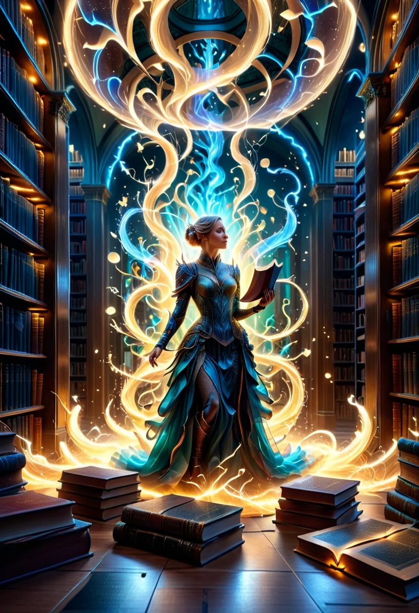 high quality, ultra detailed, abstract, fantasy, photo realistic, 4k, Fantastic lighting. Detailed shadows. intricate details, hyper-detailed, ultra-sharp, 8k , HDR+,
3l3ctr0 A librarian sorting books that shuffle themselves subtly when not watched ,
<lora:3l3ctr0-SDXL:0.85>