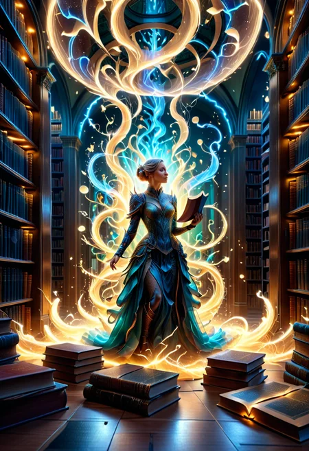 high quality, ultra detailed, abstract, fantasy, photo realistic, 4k, Fantastic lighting. Detailed shadows. intricate details, hyper-detailed, ultra-sharp, 8k , HDR+, 
3l3ctr0 A librarian sorting books that shuffle themselves subtly when not watched ,
 <lora:3l3ctr0-SDXL:0.85>