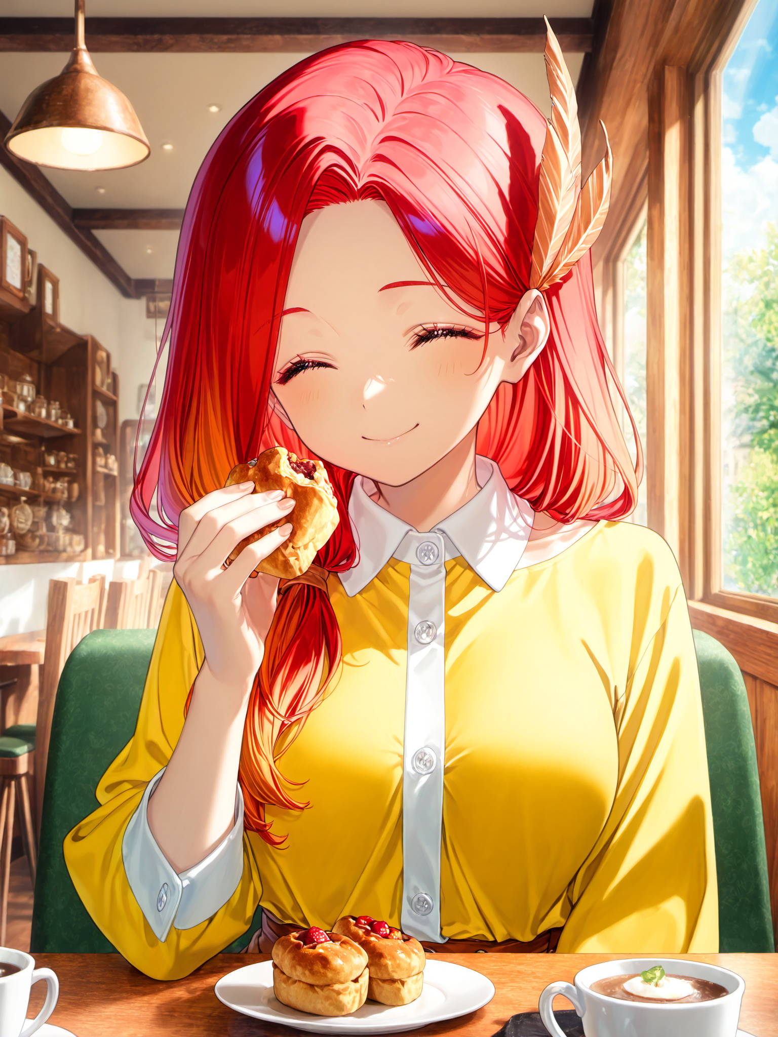 siiqa vivi, shuri \(84k\),  <lora:AkaneXL:1>, Akane_YS, 1girl, closed eyes, long hair, feather hair ornament, smile, hair over shoulder, medium breasts, yellow shirt, collared shirt, scone, holding food, red hair,
<lora:spo_sdxl_10ep_4k-data_lora_webui:0.5><lora:cfg_scale_boost:0.9> indoors, cafe, 
masterpiece, best quality, amazing quality, very aesthetic, absurdres, newest, lazypos