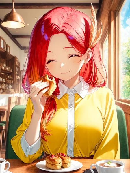 siiqa vivi, shuri \(84k\),  <lora:AkaneXL:1>, Akane_YS, 1girl, closed eyes, long hair, feather hair ornament, smile, hair over shoulder, medium breasts, yellow shirt, collared shirt, scone, holding food, red hair,
<lora:spo_sdxl_10ep_4k-data_lora_webui:0.5><lora:cfg_scale_boost:0.9> indoors, cafe, 
masterpiece, best quality, amazing quality, very aesthetic, absurdres, newest, lazypos
