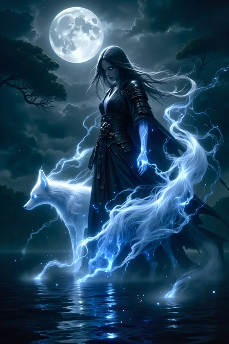 A hyper-realistic portrait, photorealistic photo close-up image of A ghost samurai with long, flowing black hair and pale, ethereal skin stands on the surface of a dark, reflective ocean, her translucent form shimmering faintly in the pale moonlight. She is young, no more than 25, but her spectral presence radiates an ancient power. Her haunted eyes glow a soft blue, and she wields a katana made of pure, condensed mist that drips like water. At her side floats her companion, a ghostly fox with nine glowing tails, each tail swaying slowly in the still air. The ocean beneath them seems endless, but strange, floating islands hover in the sky above, with twisted trees growing upside down. The fox's eyes shine a deep blue, matching its master, and ghostly wisps of energy swirl around its form. Both samurai and pet are enveloped in a mist that hovers over the water, and the moon above them is broken into jagged pieces, as if shattered long ago, casting fragmented beams of light.(photography, high-resolution, dynamic, energetic,hyper-realistic, dramatic lighting, shallow depth of field.), MythP0rt<lora:DnDDarkestFantasy:0.5><lora:FluxMythP0rtr4itStyle:0.75><lora:Dever_Flux_Enhancer:0.5><lora:Aura_Flux-000010:0.6>