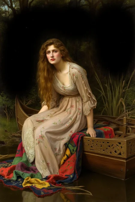johncollier1 painting.
jwwaterhouse1. A young woman seated on top of a colorful blanket inside a small ornate wooden boat. There are some reeds beside the boat. She wears a flowing, pale gown adorned with delicate floral patterns, her long, loose hair cascading around her shoulders. Her face is melancholic. There is a forest in the background. <lora:johncollier1_cap_d8a4e12:1.0><lora:850620124372198352:0>