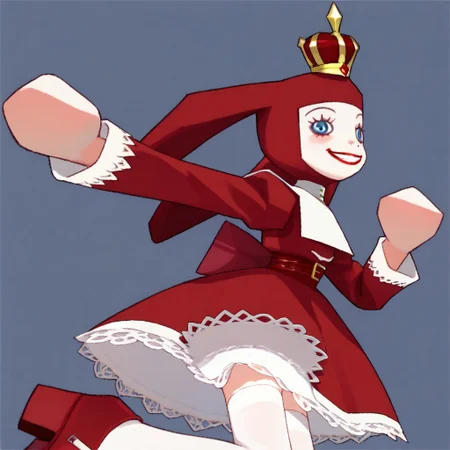 score_9, score_8_up, score_7_up BREAK PriZuDDR, 1girl, red gold crown, red headdress, blue eyes, red lipstick, white collar, long-sleeved red dress, red belt, buckle, white lace trims, white frills, white petticoat, white stockings, red platform shoes,