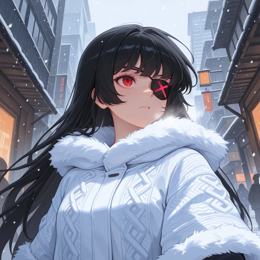 (((amazing quality, best quality, colorful, masterpiece, ultra-HD, intricate textures, deep contrast, soft volumetric fog, Shadow,))), ((8k, uhd)),
<lora:sk-rosadame_evelyn-v1x1-10:0.8> sk-revelyn, 1girl, black hair, red eyes, solo focus, winter clothes, snowing, looking up, from below, solo focus, city, upper body, eyepatch,