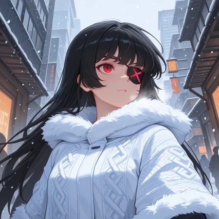 (((amazing quality, best quality, colorful, masterpiece, ultra-HD, intricate textures, deep contrast, soft volumetric fog, Shadow,))), ((8k, uhd)),
<lora:sk-rosadame_evelyn-v1x1-10:0.8> sk-revelyn, 1girl, black hair, red eyes, solo focus, winter clothes, snowing, looking up, from below, solo focus, city, upper body, eyepatch,