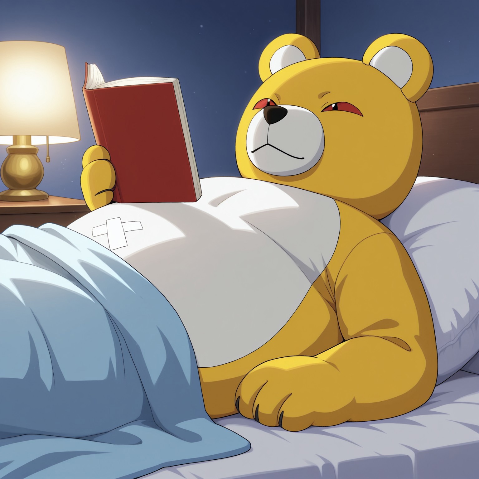 Monzaemon, digimon (creature), male, plush body, bear ears, red sclera, black nose, black pupils, yellow skin, white skin, two-tone skin, smiling, chubby, Lying on bed, holding book, looking at book, reading book, under covers, indoors, bedroom, lamp, arm support

BREAK best quality, amazing quality, very aesthetic, absurdres, newest, masterpiece, high quality