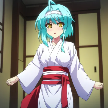 score_9, score_8_up, score_7_up, source_anime, NonakaYuki, 1girl, solo, closed mouth, light smile, blush, aqua hair, yellow eyes, side braid, YukiWedding, japanese clothes, (hood:1.2), white kimono, red sash, standing, looking at the viewer, indoors