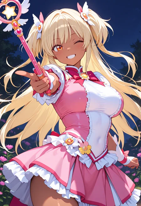 masterpiece,best quality,amazing quality, very aesthetic, ((outlined outlined vector graphics)), cute face, (glow eyes:0.5) , from front, looking at viewer ,beautiful scenery,
1girl,
20yo, large breast, orange eyes, (blonde hair:1.3),long hair, (two side up:1.1), (dark skin:1.2), dark skin girl, (tall:1.2), ,bangs
,
pink clothes, (focus female), grin, happy, action pose, (clothed:1.1),
magical girl outfit, magical girl, frilles, happy, wand , wink , (kawaii) , hair ornament , flowers <lora:magical-girl-outfit-il-20:0.8>