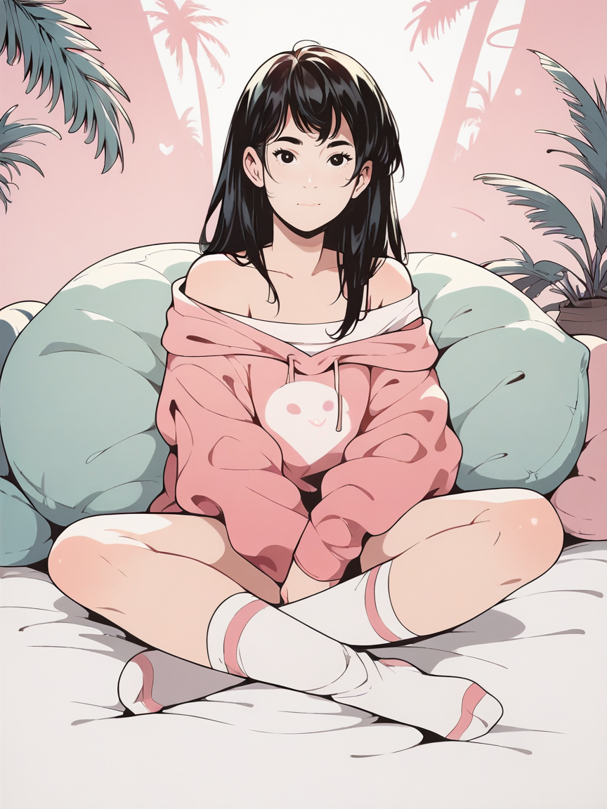 score_9, score_8_up, score_7_up, score_6_up, score_5_up,  <lora:l4ur4dXLP:1> l4ur4d, pink, socks, off shoulder, long hair, simple background, hoodie, palm tree, pillow, looking at viewer,