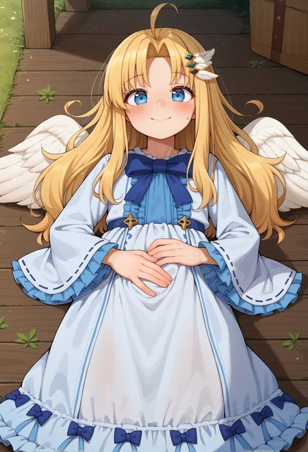 score_9, score_7_up, source_anime, <lora:AEFiloPony:0.8> BREAK
AEFiloDef, blue eyes, blonde hair, long hair, parted bangs, ahoge, white wings, feathered wings, hair ornament, white dress, blue bowtie, frilled dress, frilled sleeves, long sleeves, wide sleeves,
petite, stable, on back, sleepy, smile, hand on own stomach, haystack, on floor,