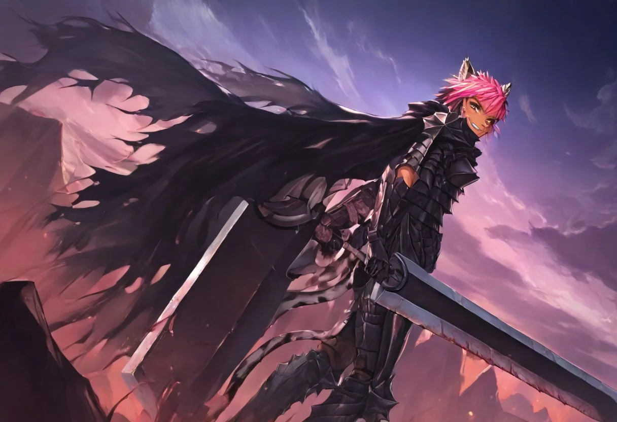 masterpiece, very aesthetic, anime screenshot, 1girl, Pink_PonyXL, DragonSlayerSword-Il.V1.0, black armor, shoulder armor, gauntlets, greaves, bandaged arm, black cape, torn cape, bright pink hair, cat ears, scar on nose, cat bell around neck, tanned, white tiger tail, small breasts, femine body, smiling, making a cute cat face, single fanged tooth showing, standing, looking at viewer, side view, wielding-dragonslayer, huge weapon, sword, holding sword, holding weapon, full body, zoomed in on pink_ponyxl, Dutch angle, cowboy shot
Break
City of hyrule on fire, at night