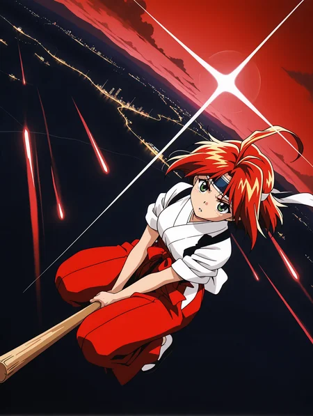 masterpiece,best quality,newest,
1girl,solo,
anime screencap,<lora:hinageshi_ilxl_v1.1:1>,hinageshi,ahoge,green eyes,h_b_clothes,headband,miko,sleeves rolled up,tasuki,red hakama,
<lora:Fixhands_anime_bdsqlsz_V1:1>,parted lips,float,aerial,dynamic_angle,cinematic_angle,landscape,floating hair,hand between legs,looking ahead,view from above,fighting,flying,serious,city,cityscape,night,riding the  wooden stick,leaning_forward,cowboy_shot,red pillar of light,red sky,front view,portrait,