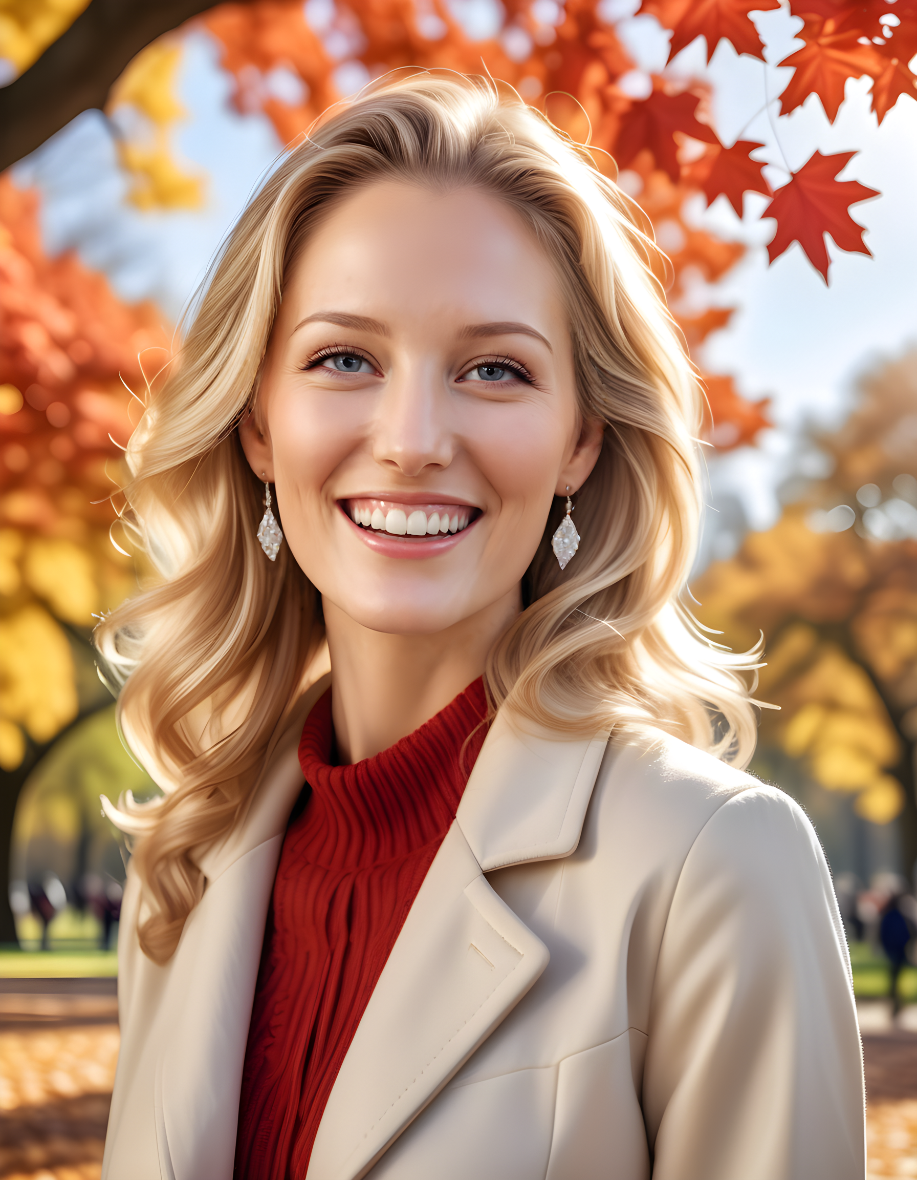 In a vibrant sunlit park, under the canopy of a towering oak tree adorned with autumn leaves, a radiant woman named A5HL3YH is captured in a portrait-style photograph. She wears a stylish long jacket and her cascading blonde hair frames her face as she smiles warmly, revealing pearly white teeth. Her lips are painted a bold red that complements the glittering diamond earrings sparkling against her fair complexion. The background showcases a picturesque landscape of the park with children playing and families strolling, emphasizing the woman's serene and contented mood.