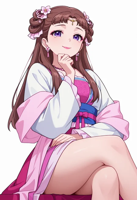 Smooth Quality,masterpiece,very intricate, high quality details, ultra realistic, high detailed skin,detailed enviorement,absurdres,
partially undressed, 
 <lora:Lishu_CNR:0.8> lishu_cnr,brown hair, long hair, purple eyes, makeup, lipstick, lishu_pink_cnr,hanfu, dress, long sleeves, sash, shawl, circlet, flower earrings, necklace,hair flower, hair rings, hair bun,, simple background, white background, from below,
sitting pose, legs crossed, one hand resting on chin, playful smile, relaxed shoulders,  ,tears,