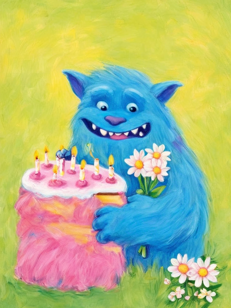 <lora:SDXL_Happy_Birthday_Sa_May-v7:1>  fluffy blue creature with a warm and friendly smile. It has big round black eyes and seems to exude a gentle nature. This adorable creature is holding a small pink birthday cake with several lit candles on its left side, and on its right side, it clutches a bouquet of white and yellow daisies. The background is a blend of various shades of green, giving the image a fresh and vibrant feel.