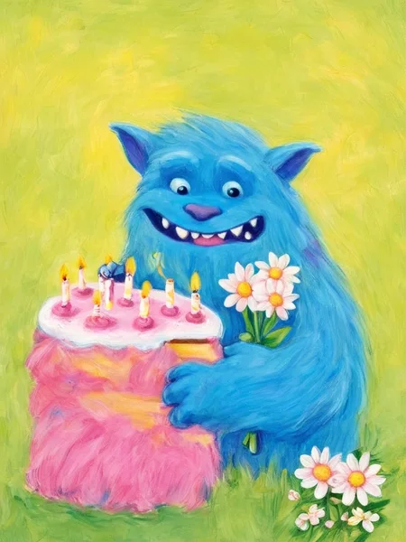 <lora:SDXL_Happy_Birthday_Sa_May-v7:1>  fluffy blue creature with a warm and friendly smile. It has big round black eyes and seems to exude a gentle nature. This adorable creature is holding a small pink birthday cake with several lit candles on its left side, and on its right side, it clutches a bouquet of white and yellow daisies. The background is a blend of various shades of green, giving the image a fresh and vibrant feel.