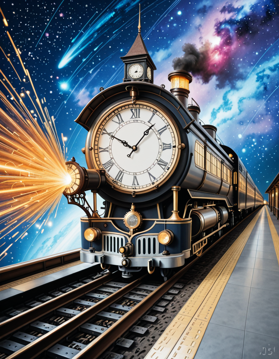 A surreal, steampunk-inspired painting of a fantastical train speeding through deep space, in the distinctive style of JarosÅaw Jasnikowski. The train is elongated, with exaggerated mechanical partsâgears, pistons, brass pipes, and rotating turbinesâinterwoven with intricate ornamentation and impossible engineering. The locomotive defies gravity, riding on luminous rails made of light and energy that twist and spiral into the cosmic void. Stars, nebulae, and strange planetary bodies fill the background, glowing in vibrant hues of violet, blue, and crimson. The train's engine emits streams of golden steam and electric sparks that blend into the surrounding stardust. Elements of surreal architectureâfloating domes, clock towers, and spiresâdrift alongside the train, evoking a dreamlike journey through a mechanical universe. The atmosphere is otherworldly, with dramatic lighting, long shadows, and rich, metallic textures. The entire composition has a dreamlike, metaphysical quality, with exaggerated perspective and impossible physics, capturing Jasnikowskiâs unique visual language.<lora:SDXLFaeTastic2400:0.4> <lora:extremely_detailed:0.4> extremely detailed,JarosÅaw J4sn1k0wsk1 <lora:JarosÅaw_J4sn1k0wsk1:1>, Masterpiece,best quality,hi res,8k,hi res,8k,award winning,(sharp focus, intricate, highly detailed),