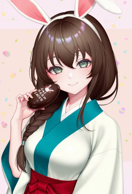 altmai, 1girl, solo, altmai braid, brown hair, green eyes, mai hakama, upper body, smile, easter, easter egg, rabbit ears, animal ear hairband, holding chocolate, chocolate egg, (official art:1.2), pastel, (ohisashiburi:0.3),
masterpiece, best quality, newest, very awa <lora:onibi_noob:1>